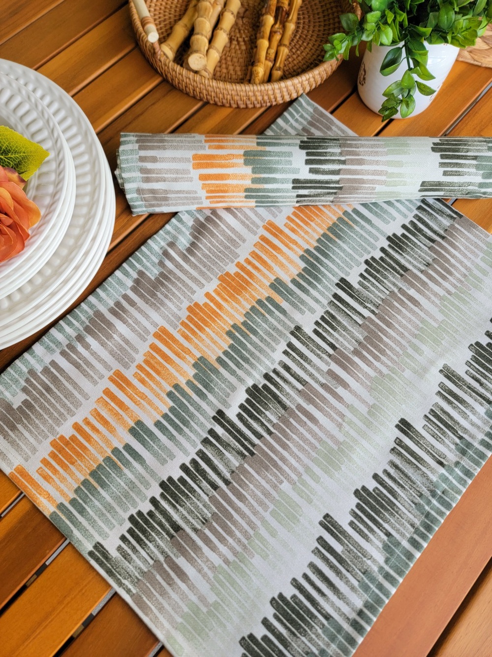 Set of 6 - Green and Orange Patterned Placemats